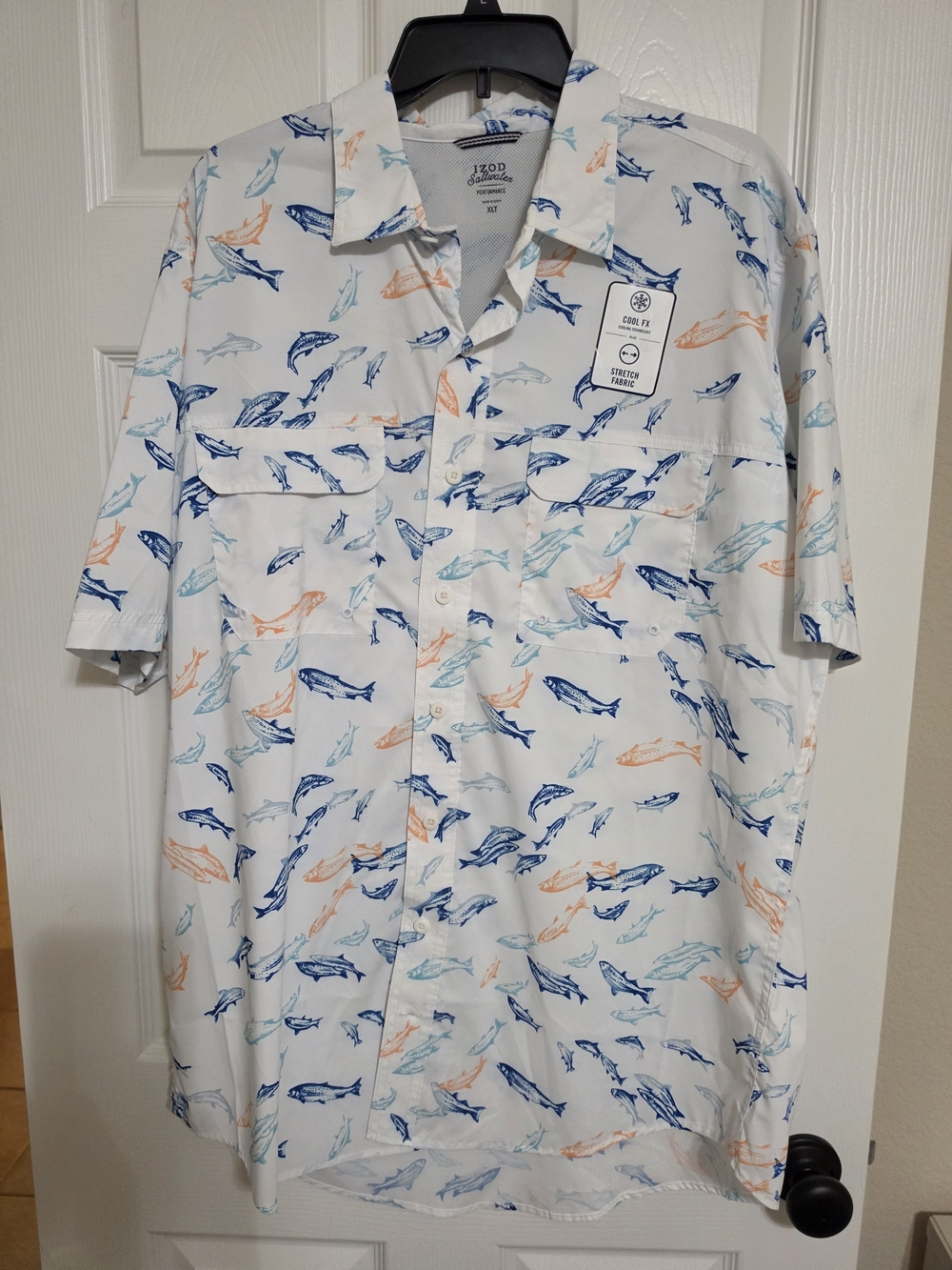 IZOD Men’s Short Sleeve Fish-Print Button-Up Shirt - White/Blue/Orange